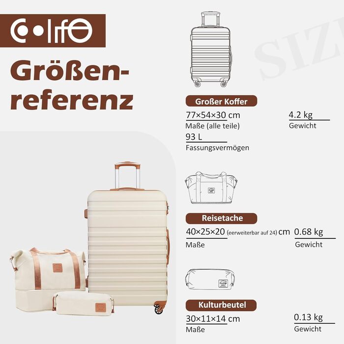Набір валіз COOLIFE 3шт: велика валіза, сумка для подорожей, культиватор. ABS, TSA-замок, 4 колеса. Білий/коричневий.