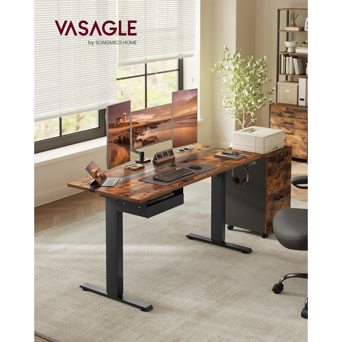 Електричний регульований стіл VASAGLE, 60 x 140 см, з пам'яттю висоти, розетками та ящиком, кольори: білий + горіх, LSD112W01