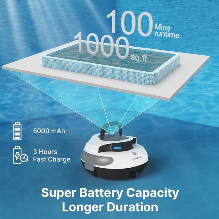 POOLPURE робот-пилосос для басейну, акумулятор 5000 мА·год, 120 хв автономної роботи, бездротовий, автоматичне паркування, LED-індикація, IPX8, для басейнів до 90 м²