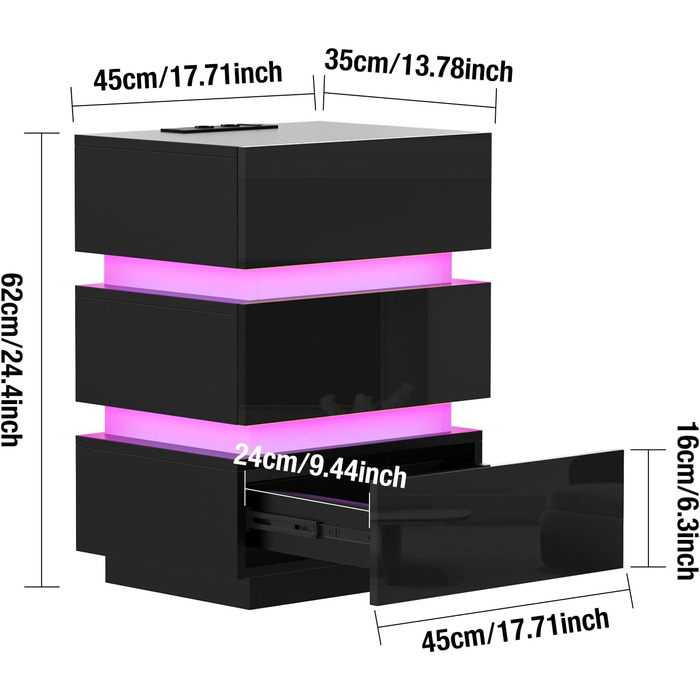 Нічний столик з розеткою та LED-підсвіткою, нічний комод з функцією зарядки та USB, 2 висувні ящики (45x35x46/62 см, Чорний)