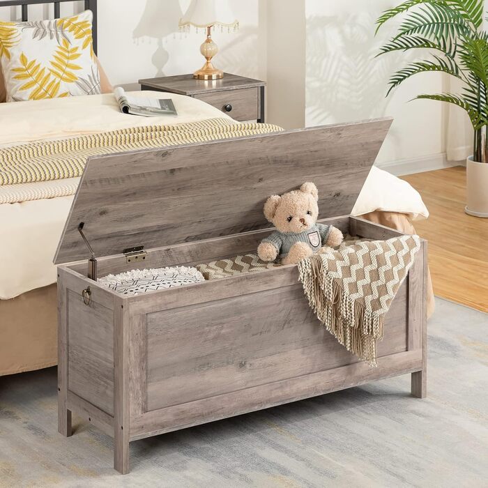 HOOBRO Скам'янка з ящиком, скриня для іграшок з кришкою, банкетка для взуття, скам'янка, ящик для зберігання, міцна, безпечні петлі, спальня, вітальня, 76 см, білий, 100 x 40 x 48 см, сірий