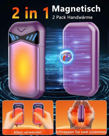 Електричні грілки для рук DDKJ 2 шт., 7000mAh, з магнітом, 3 режими нагріву до 55°C, для дітей, чоловіків, жінок, фіолетові