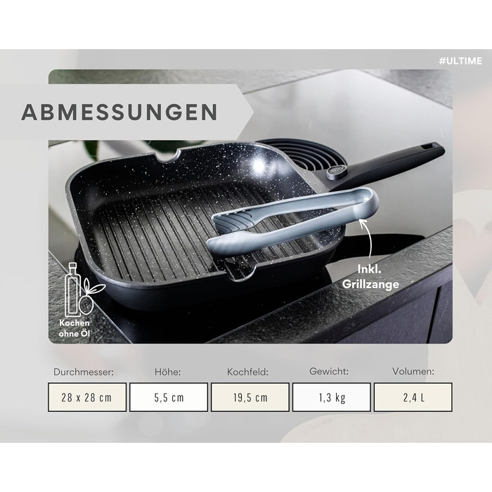 DIVORY Сковорода-гриль 28x28 см з виливом та знімним ручкою - сковорода для стейків на індукційній плиті, з антипригарним покриттям, з лопаткою та захистом для сковороди, чорна