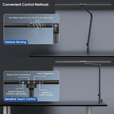 Настільна лампа 24 Вт, ультра яскрава, розпізнавання жестів, регульована, затискна, матовий чорний , офіс/кабінет
