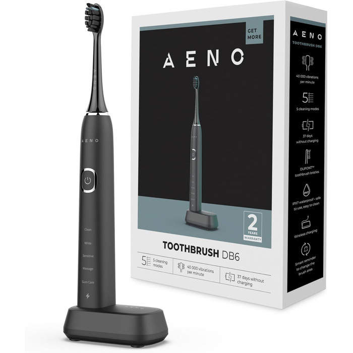 Електрична зубна щітка AENO DB6 Sonic – 5 режимів, 40 днів роботи, бездротове заряджання, преміум-щітинки, нагадування про заміну насадки, 46 000 вібрацій/хв, чорний