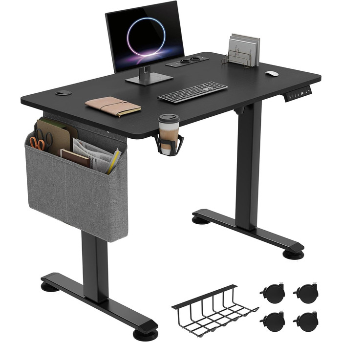 Електричний стіл з регулюванням висоти, 2 USB-порти, розетки, зрощувальна дошка, ручне управління з пам'яттю, сидячий/стоячий стіл, коліщатка, чорний