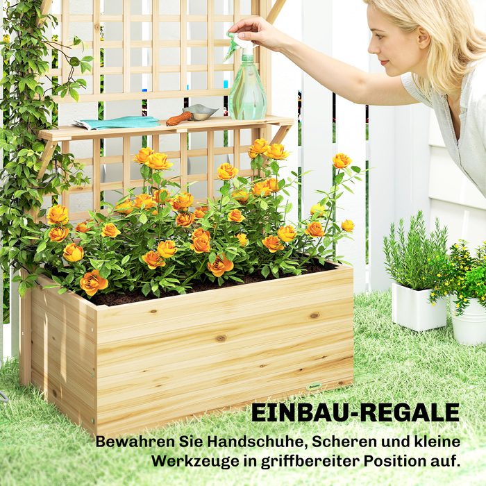 Підвищене грядка з шпалером для ліан та навісним дахом, дерев'яний ящик для квітів з 2 полицями та дренажними отворами, 76 x 43,5 x 177 см