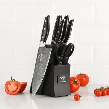 Набір кухонних ножів з дамаської сталі з дерев'яним блоком (7 предметів) - професійний набір ножів для кухні, VG10, G10, ергономічні ручки (червоний)