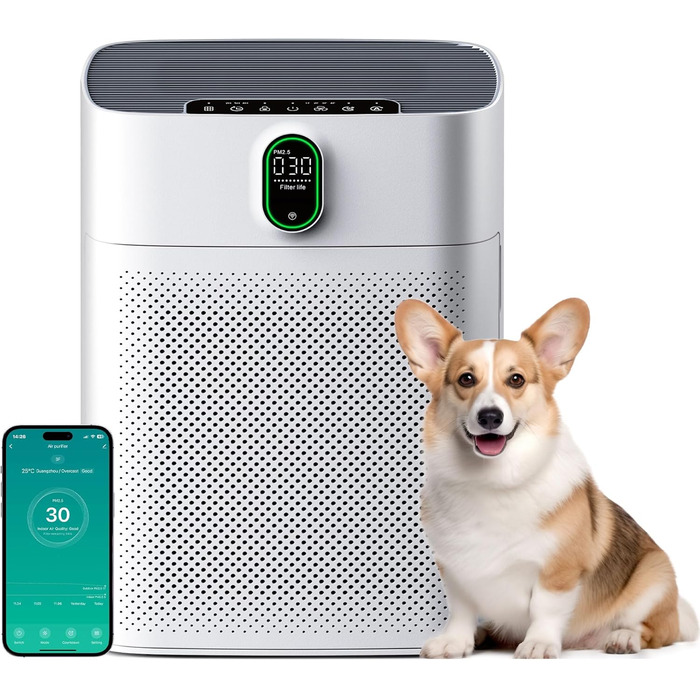 Повітряний очисник Smart для великих приміщень, для алергіків з HEPA фільтром, CADR 300 м³/год, зворотний зв'язок про якість повітря, автоматичний режим, 24 дБ, таймер, білий