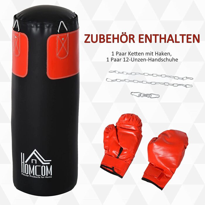 Набір боксерських груш HOMCOM набір боксерських рукавичок, наповнений боксерськими рукавичками, набір для дорослих підлітків, підвісний Боксерський мішок, важка сумка 16 кг Ø30 х 120 см, чорний червоний