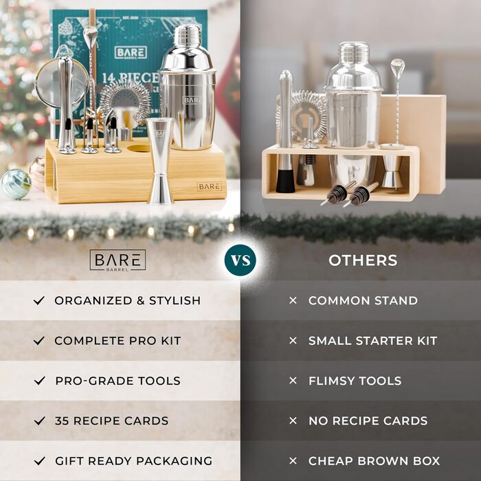 Набір для приготування коктейлів BARE BARREL® Mixology Barkeeper Kit: 14 предметів, 35 рецептів, професійний барний інвентар для дому