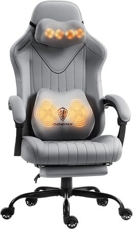 Ігровий крісло Dowinx з масажем, ергономічний дизайн, підтримка попереку та шиї, до 135 кг, шкіра, чорний (сірий), для дорослих