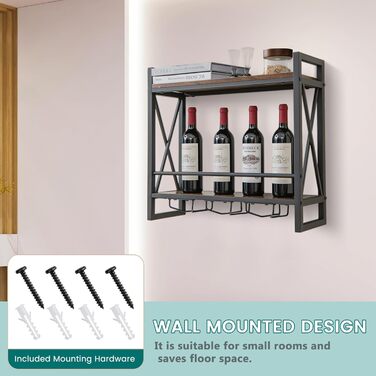 Стильна полиця для вина Komfotteu на стіну, дерев'яна з металевим каркасом, з тримачем для келихів, 60 x 20 x 55 см