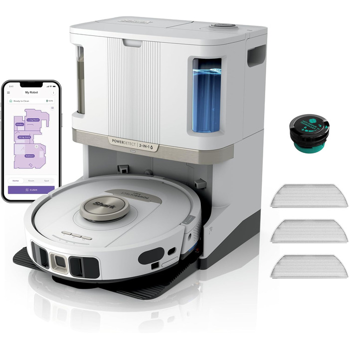 Робот-пилосос Shark PowerDetect 2-в-1 з функцією миття, самостійна очистка, навігація 3D LiDAR, уникнення перешкод, керування через додаток, білий, AV2810ZEEUWH