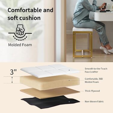 Пуф-стілець для макіяжу, білий та золотий, з штучної шкіри, для ванної кімнати, спальні, вітальні