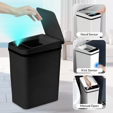 Чорний автоматичний смітник 8L з датчиком - для ванної кімнати, кухні, безшумний, сенсорний, вологостійкий
