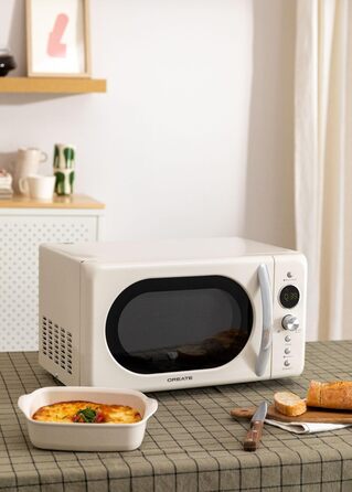 Мікрохвильова піч CREATE Retro з грилем, 20 л, кремова, 3 програми, 9 меню, LCD-дисплей