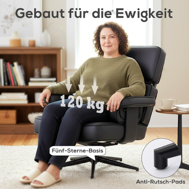 Регульоване крісло для відпочинку з відкидною підніжкою, обтягнуте штучною шкірою, з регульованою підголівником, металевим каркасом, чорного кольору.