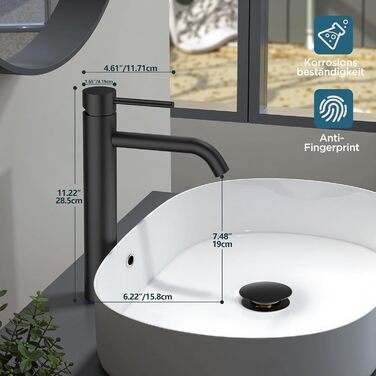 Змішувач для ванної кімнати FORIOUS з набором для зливу, чорний матовий, висота виливу 190 мм, однорідний змішувач для раковини