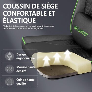 Ергономічне геймерське крісло з підніжкою, Racing-модель, регульована підголовник та поперекова підтримка, для дому та геймінгу, білий (зелений)