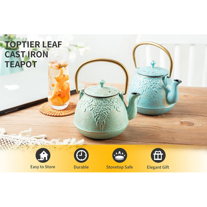 Чайник Toptier, чавунний чайник з заваркою з нержавіючої сталі, міцний чавунний чайник, Чайник з листовим дизайном, безпечний для плити, покритий повністю емальованою внутрішньою поверхнею (32 Унції / 950 мл), Чорний (Бірюзовий)