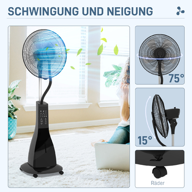 Вентилятор підлоговий з функцією зволоження повітря, тихий, мобільний, з пультом дистанційного керування, чорний