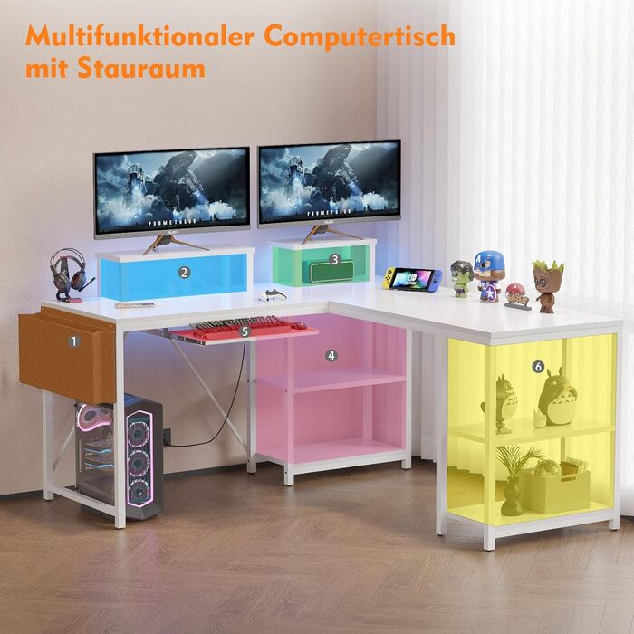 Ігровий стіл Flamaker L-подібний 140x140 см з RGB LED, підставка для монітора та ящик для зберігання | 2 розетки + 2 USB-порти (вуглецеве волокно, чорний) (білий)