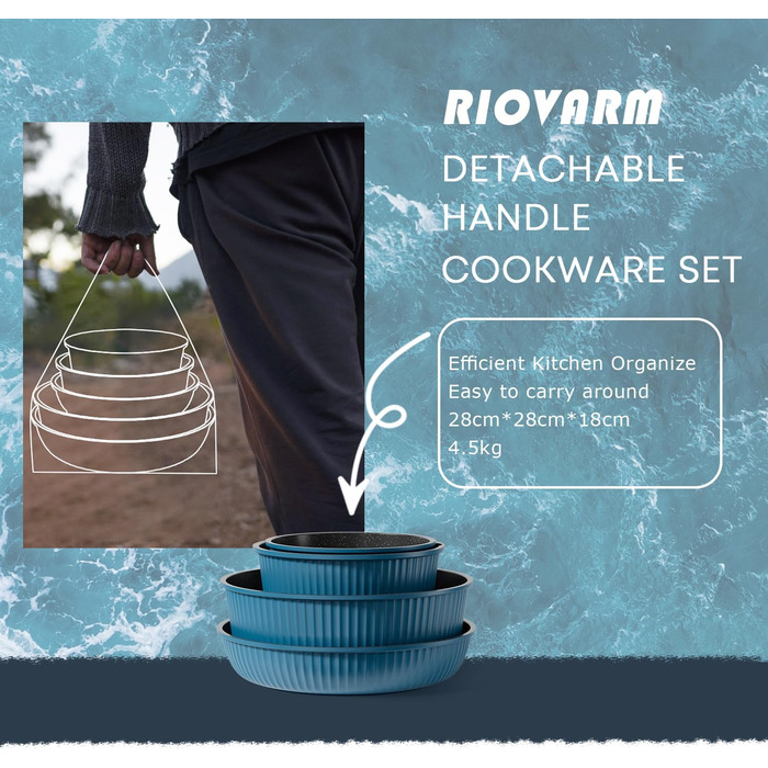 Набір каструль та сковорідок RIOVARM з індукційним дном та знімними ручками, з антипригарним покриттям (граніт), компактний, з силіконовими кришками, без PFOA