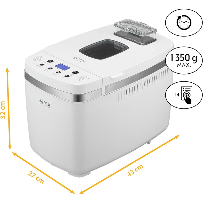 Багатофункціональна хлібопічка TZS First Austria 14 Програми Дозатор інгредієнтів Кількість тіста 900 г і 1350 г Регульований рівень засмаги Таймер Функція збереження тепла Автоматичне вимкнення
