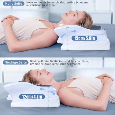 Подушка для шиї Saheyer з Memory Foam, ергономічна ортопедична подушка для сну на боці, покращує якість сну, 70 x 40 x 15/12 см, з чохлом білого та вугільно-сірого кольорів