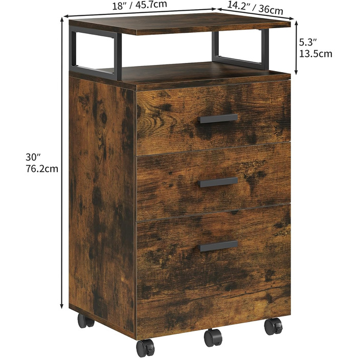 Мобільний архівний шафа YITAHOME на коліщатках, офісний контейнер з шухлядами, шафа-контейнер на колесах, тумба з шухлядами для дому та офісу, 45.7 x 36 x 76.2 см (Вінтаж-коричневий)