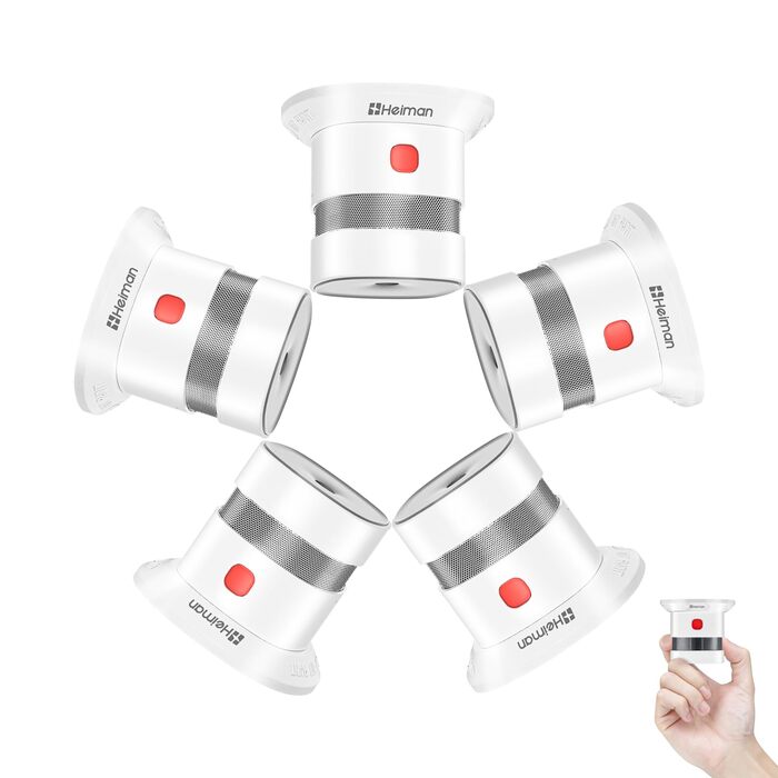 Набір датчиків диму Heiman Mini – 5 шт. з фотоелектричним сенсором, 10 років роботи від батареї, сертифікація EN14604, TÜV, CE, UKCA, DBI, 85 dB, преміум-дизайн