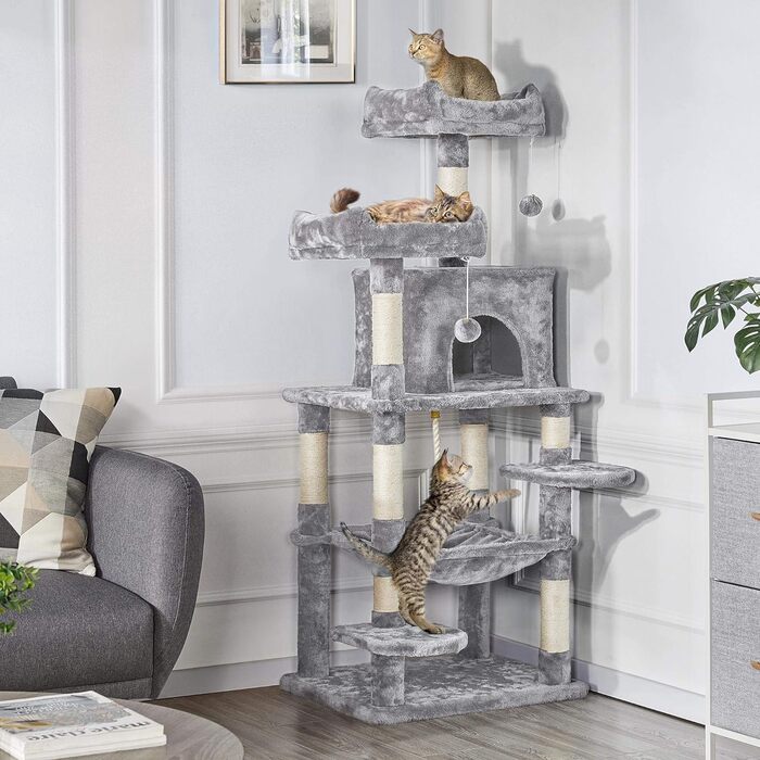 Кігтеточка Yaheetech Cat Tree 150 см з 2 приємними оглядовими майданчиками Sisal Cat Furniture Дерево для скелелазіння для великих кішок, світло-сіре 60,5 см x 50,5 см x 146,5 см (ДхШхВ) Світло-сірий