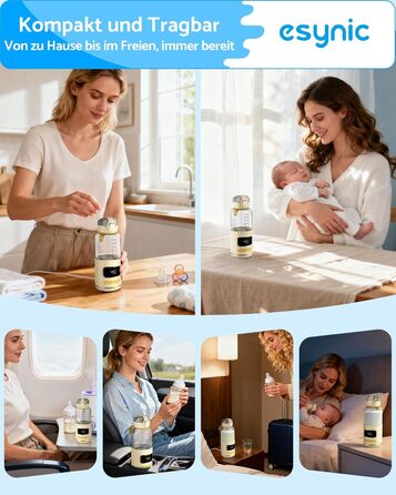 eSynic Підігрівач для пляшечок 450мл з акумулятором 15000mAh, портативний, швидкий нагрів (2-3 хв), для дитячого харчування та води, USB-C, BPA-free, з боросилікатного скла, для подорожей та нічного годування