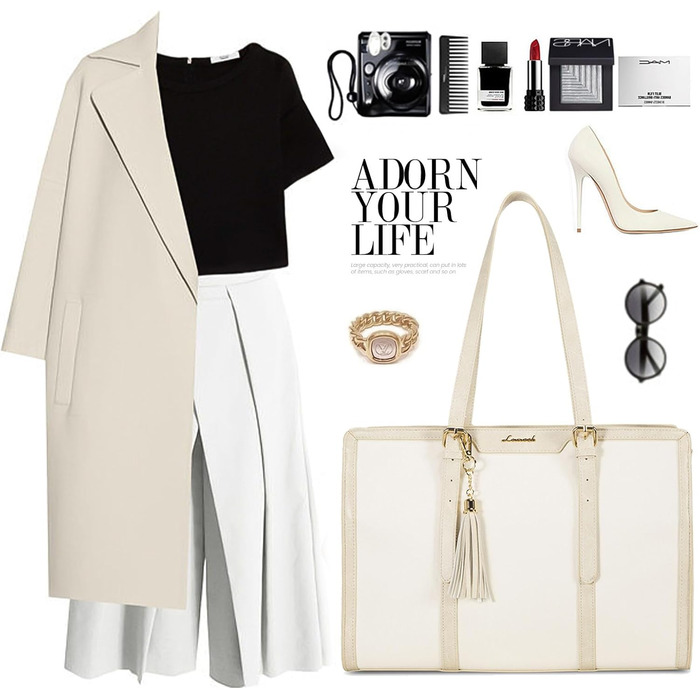 Сумка для ноутбука LOVEVOOK 15.6 дюймів для жінок: велика, на плечі, кросбоді, shopper, з канвасу, елегантна, для офісу, роботи, подорожей (бежева)