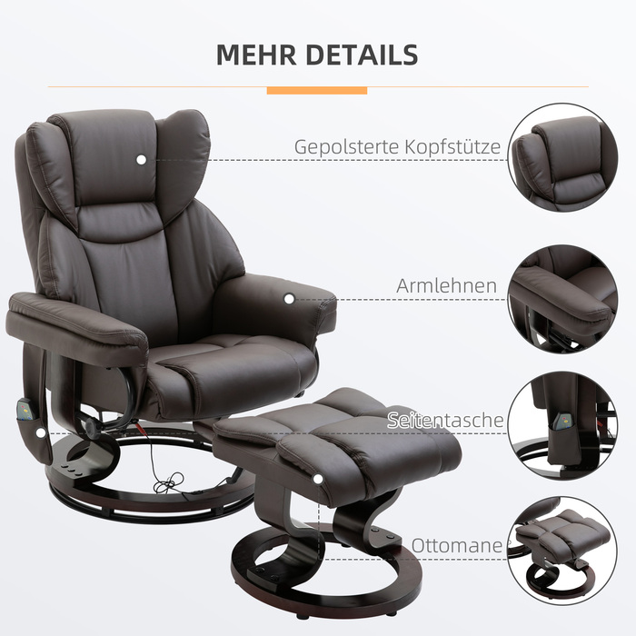 Масажне крісло HOMCOM Recliner з підставкою для ніг і функцією відкидання, імітація шкіри коричневого кольору 79x82x101 см, зручне для релаксації та оздоровлення