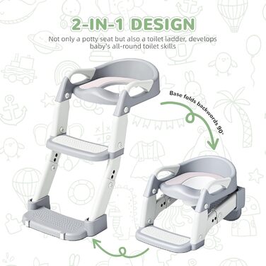 Універсальний дитячий сидіння-сходинка для унітазу 2-в-1 з PU-покриттям, регульована висота, складна конструкція, антиковзке покриття та захист від бризок