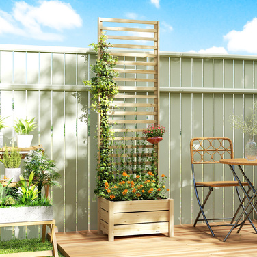 Підвищений грядок з шпалером, дерев'яний квітник з опорою, дренажним отвором, тканиною, 60 x 39 x 200 см, натуральне дерево