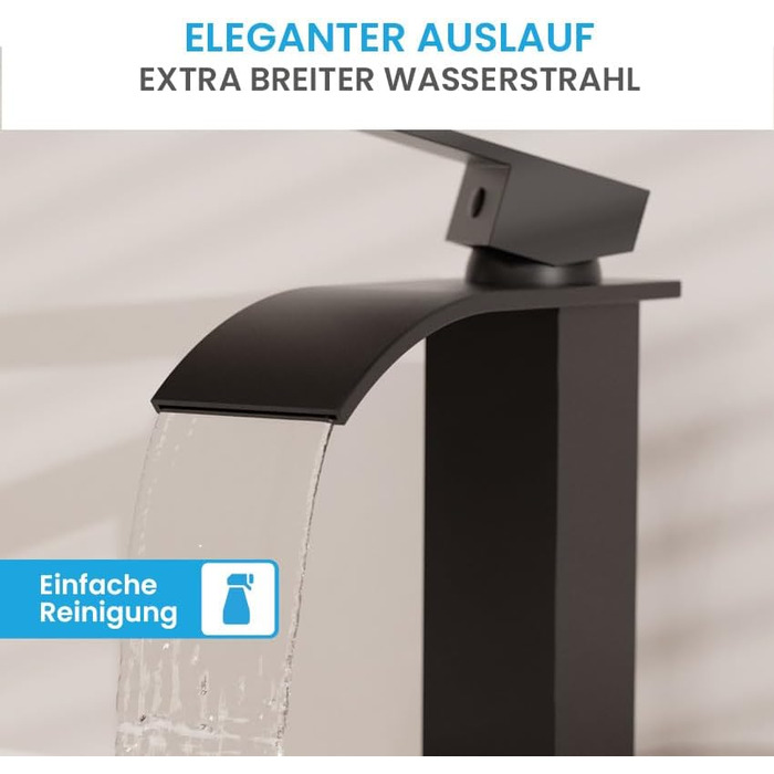 Змішувач для ванної кімнати Bächlein Tamina з водоспадним дизайном, однорідний, з довговічною керамічною картриджі та монтажним комплектом, чорний мат