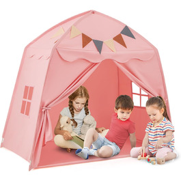 Дитяче намет-будиночок HOMASIS для гри в приміщенні, рожевий: зі світлячками, килимком, вікнами та фіранками