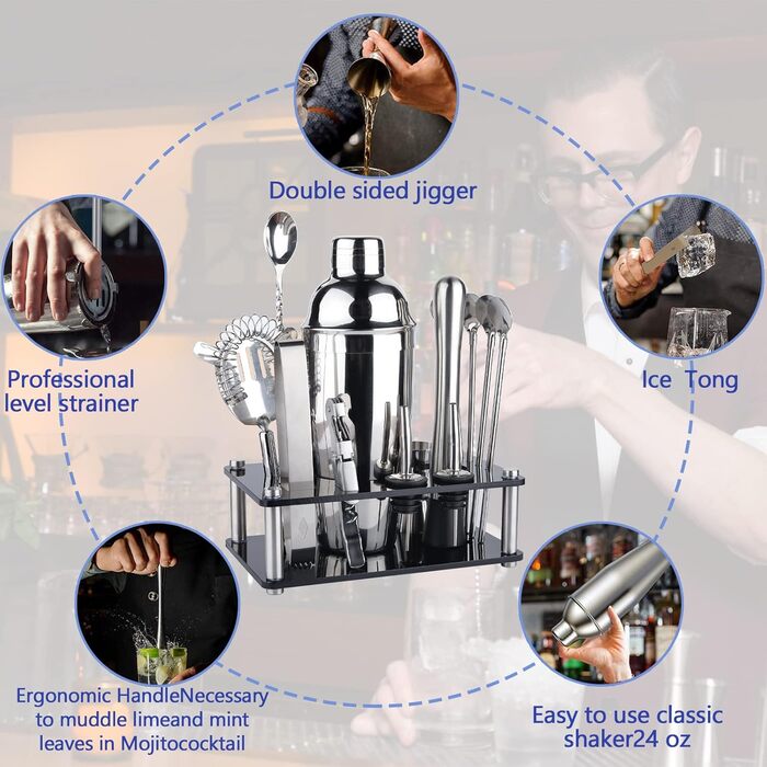 Набір шейкерів для коктейлів з нержавіючої сталі MUOIVG з 17 предметів з акриловою підставкою, книгою рецептів, відкривачкою, мірним стаканчиком, ложкою