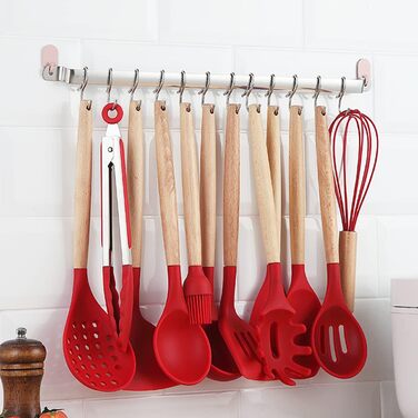 Набір силіконової кухонного посуду Berglander з 38 предметів, набір посуду з антипригарним покриттям, кухонне начиння з дерев'яною ручкою інструменти з багатоцільовими гачками і тримачами для посуду (червоний) 3. Червоний