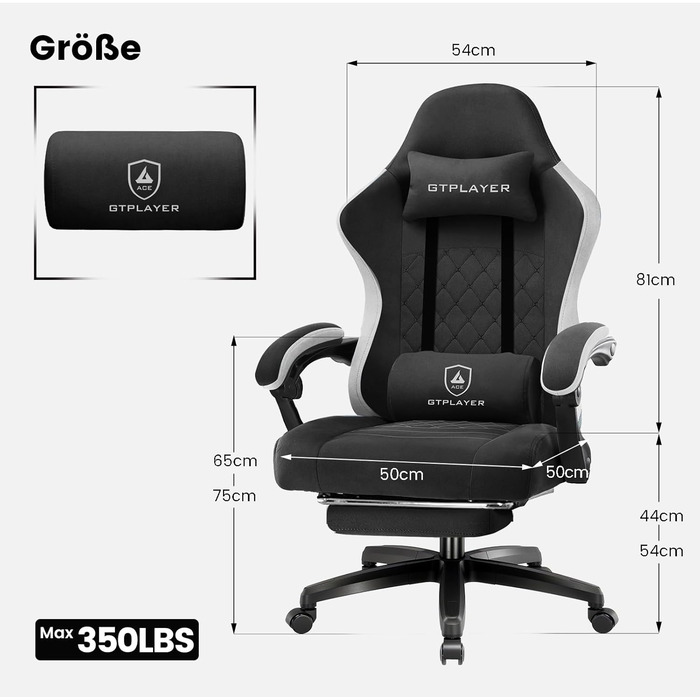 Ігровий крісло GTPLAYER з тканиною, з кишеньковим пружинним сидінням, ергономічний поворотний крісло, геймерське крісло з підніжкою, чорний, до 150 кг