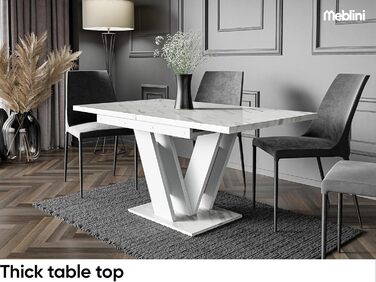 Обідній стіл MebleIni розсувний, сучасний дизайн, кухонний стіл, колона, чорний/білий глянцевий, 120-160x80x75 см, стільниця з білого мармуру/білий матовий