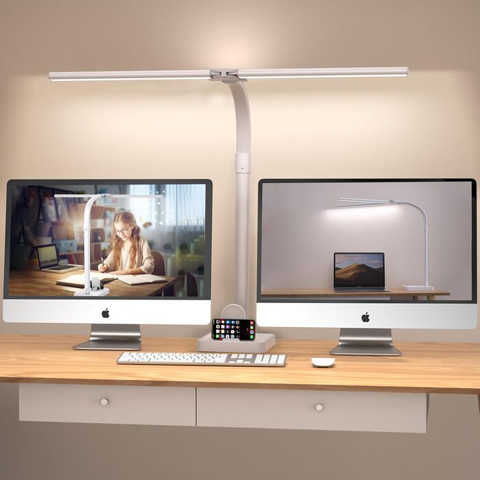 LED настільна лампа LOTTBUTY з диммуванням, 24W, 80см, для офісу та дому, з гнушим шийкою та тримачем для телефону (біла)