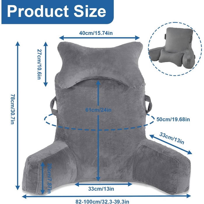 Лежак для читання в ліжко, 90 x 80 см (ДxВ) XXL подушка для спини, диван для дорослих з підлокітниками та знімною подушкою для шиї, спинка для читання з кишенею для ліжка, дивану, підлоги та стільця, світло-сірий
