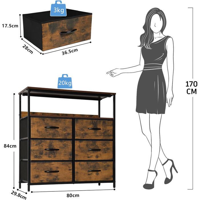 Комод з полицею, 6 тканинних ящиків, сталевий каркас і дерев'яна стільниця, для спальні (вінтажний коричневий)