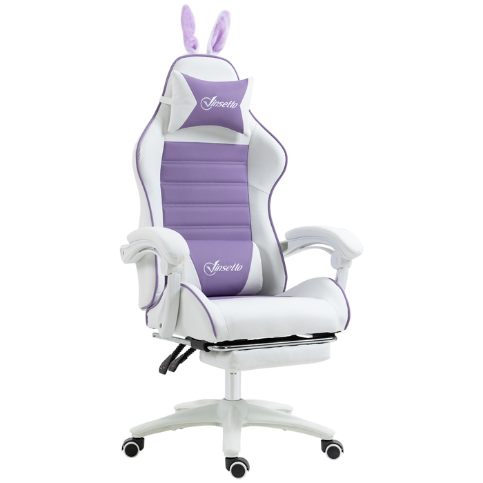 Ігровий крісло Vinsetto Ergonomischer Gamer Stuhl з підтримкою попереку, підставкою для ніг, ігровий крісло з вушками кролика, подушкою для голови, офісне крісло з регульованою спинкою та функцією відкидання спинки, фіолетовий | Aosom