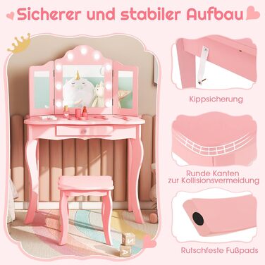 Дитячий столик для макіяжу та дзеркала COSTWAY 2 в 1 з LED-підсвічуванням, відкидним дзеркалом та шухлядами, для дівчаток (білий, рожевий)