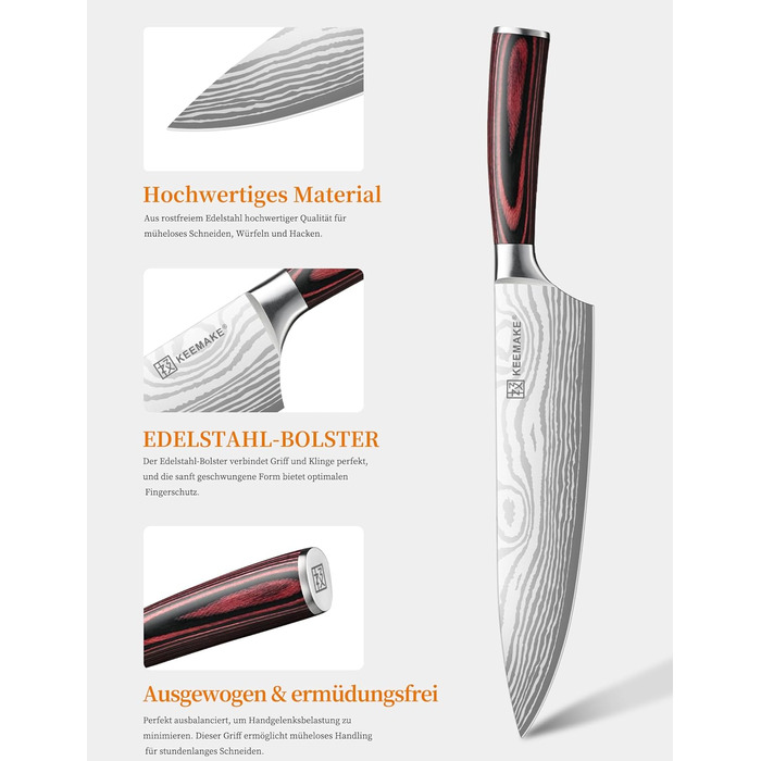 KEEMAKE Ніж кухарський 20см, професійний ніж для кухні з нержавіючої сталі з захистом леза, гострий ніж шеф-кухаря для м'яса, овочів, риби
